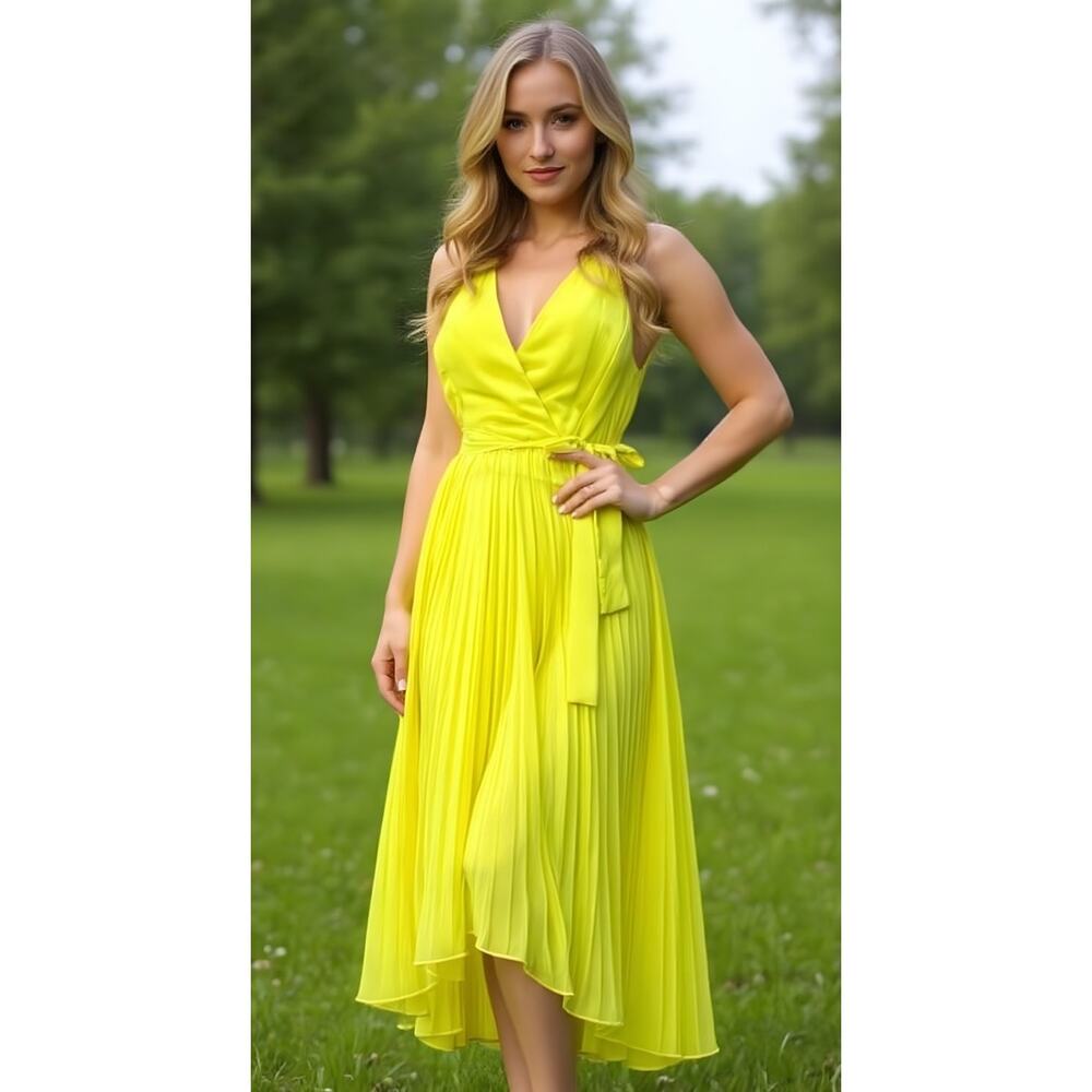 NWT BCBG Paris‎ Alyssa Dress Women's Size 6 Yellow Pleated Hi-Low Party Dress